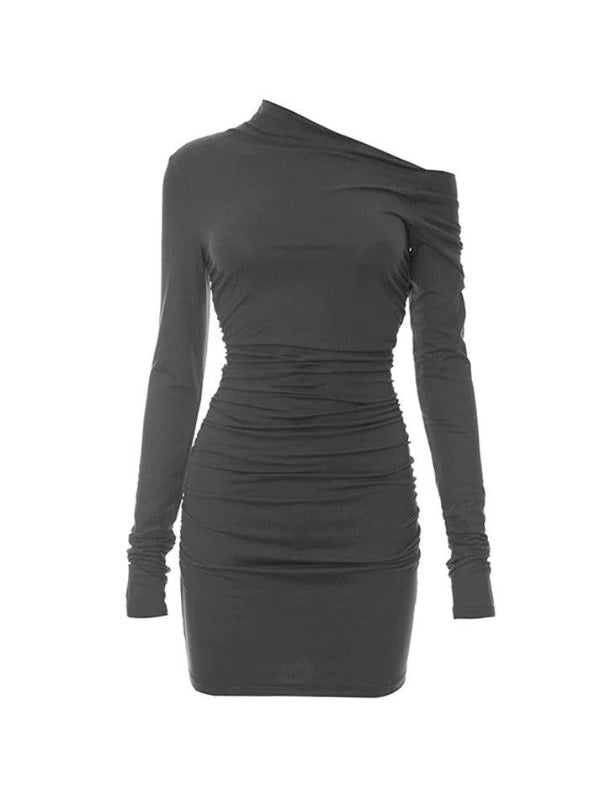 Solid One Shoulder Ruched Long Sleeve Mini Dress - AnotherChill