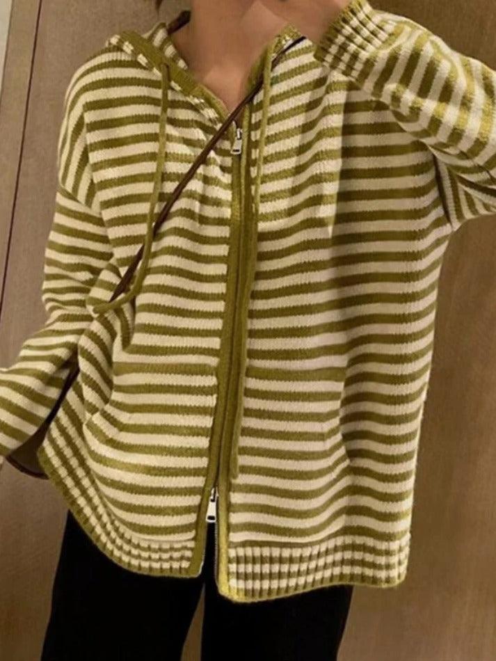 Striped Hooded Double Zip Knit Cardigan - AnotherChill