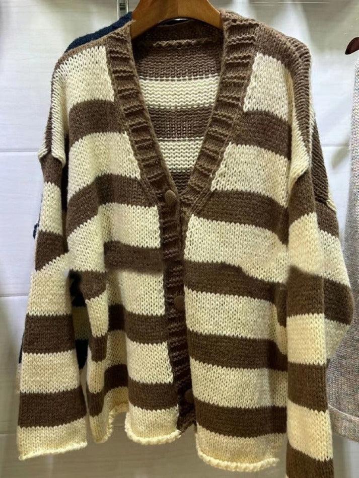 Contrast Color Striped V Neck Rolled Loose Knit Cardigan - AnotherChill