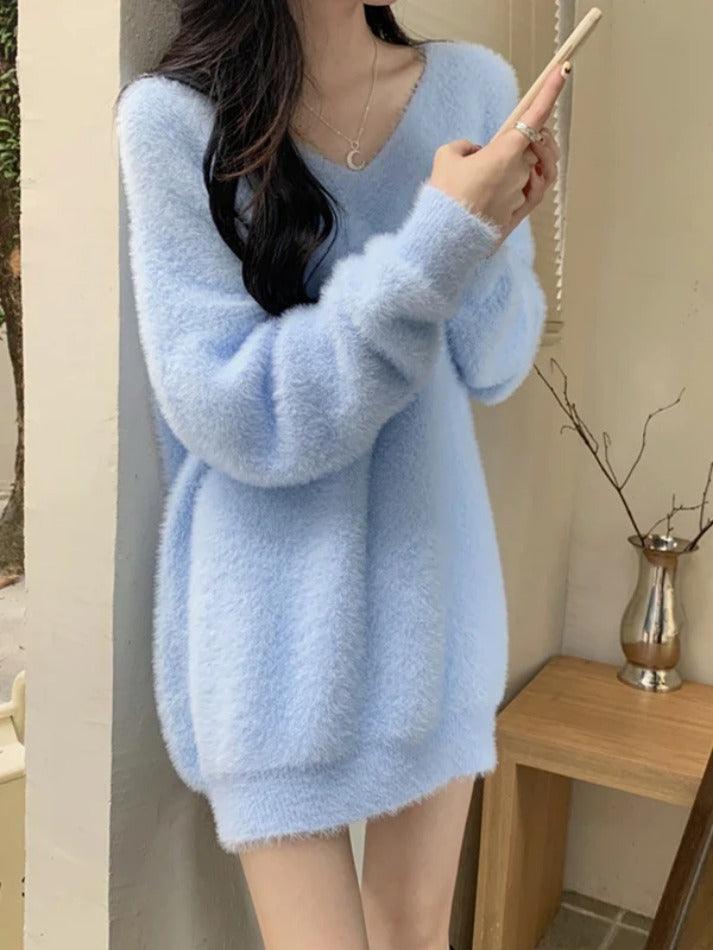 Solid V Neck Fuzzy Loose Sweater - AnotherChill