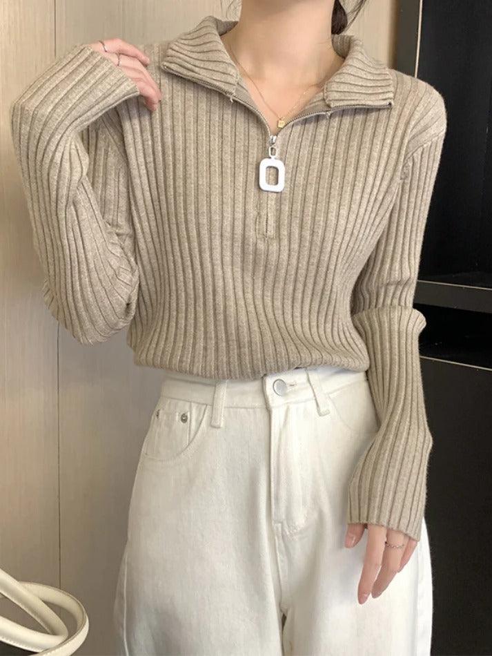 Solid Half Zip Ribbed Knit Sweater - AnotherChill