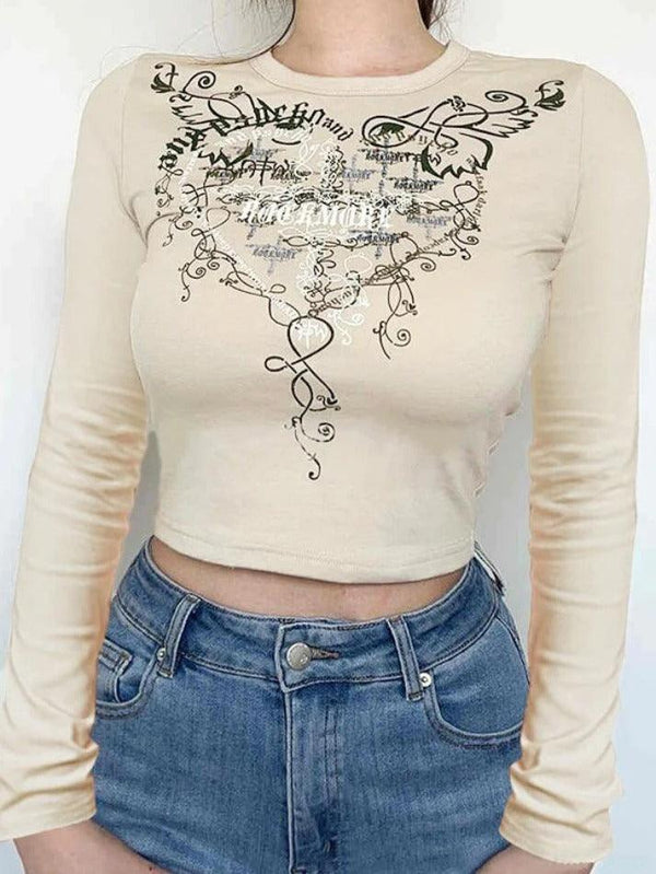 Gothic Vintage Heart Long Sleeve Crop Top - AnotherChill