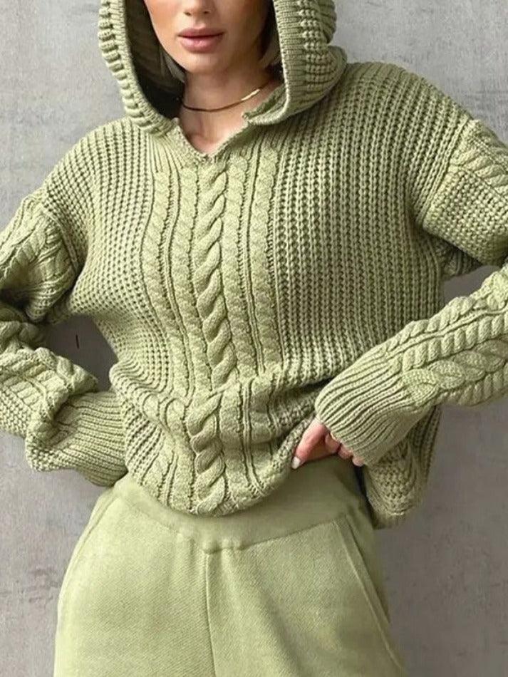 Solid Color Hooded Cable Knit Sweater - AnotherChill