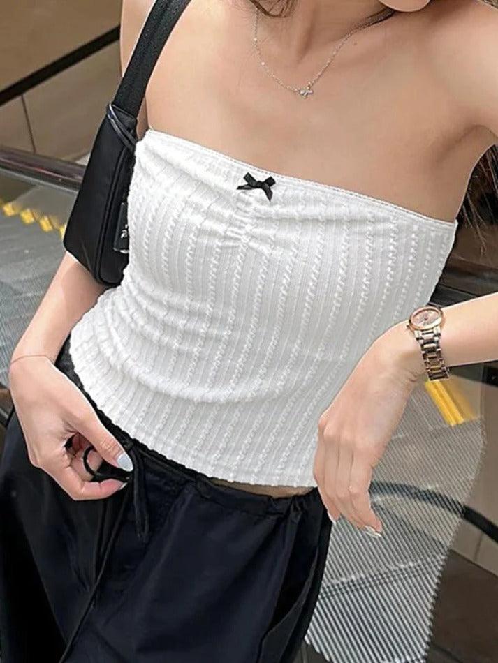 Solid Textured Bow Bandeau Top - AnotherChill