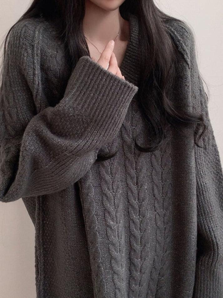 Solid Color V Neck Cable Knit Sweater - AnotherChill