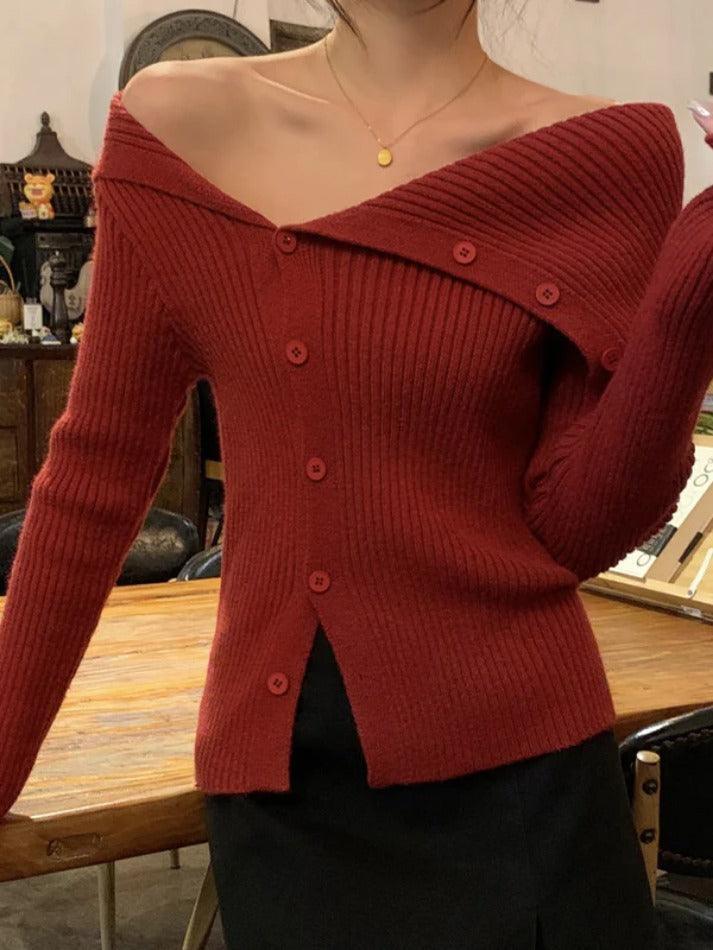 Solid Irregular Lapel Neck Off Shoulder Long Sleeve Knit - AnotherChill