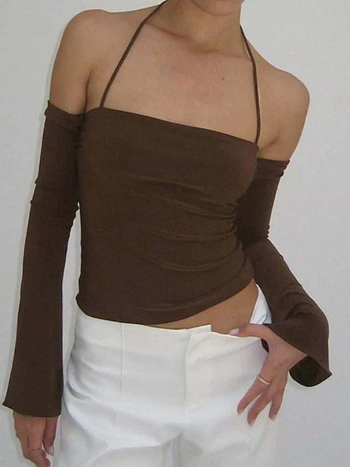 Solid Halter Off Shoulder Long Sleeve Tee - AnotherChill