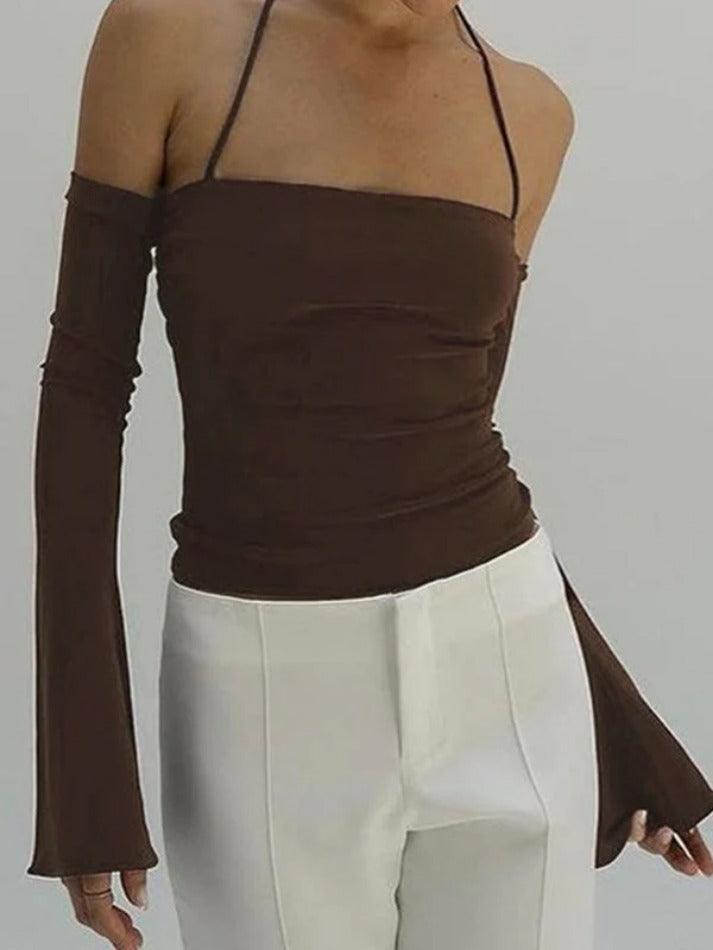 Solid Halter Off Shoulder Long Sleeve Tee - AnotherChill