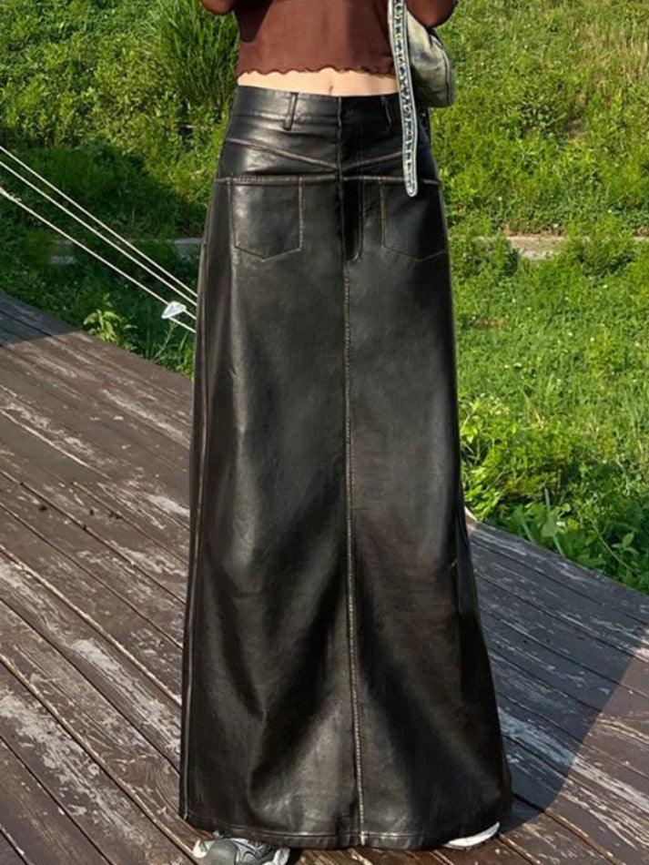 Vintage Leather Multi Pocket Maxi Skirt - AnotherChill