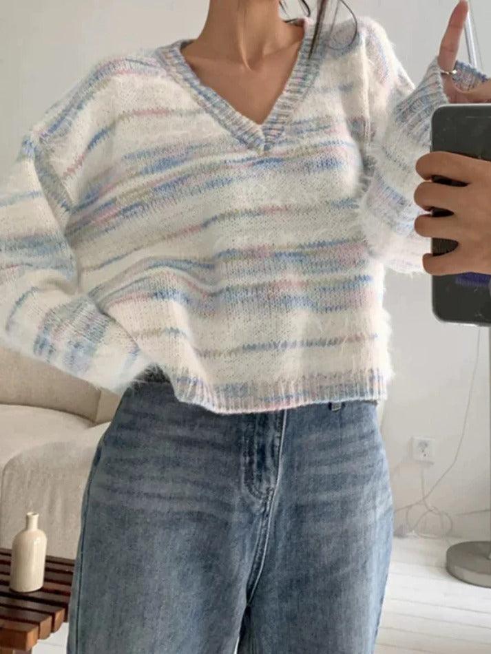 Colorful Striped V Neck Short Knit Sweater - AnotherChill