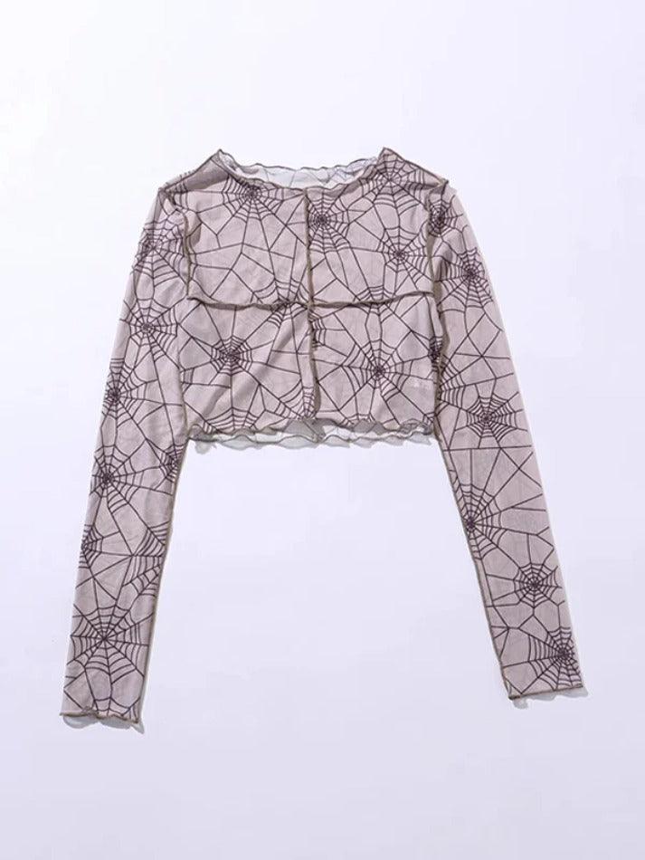 Spider Print Mesh Splice Cropped Long Sleeve Tee - AnotherChill