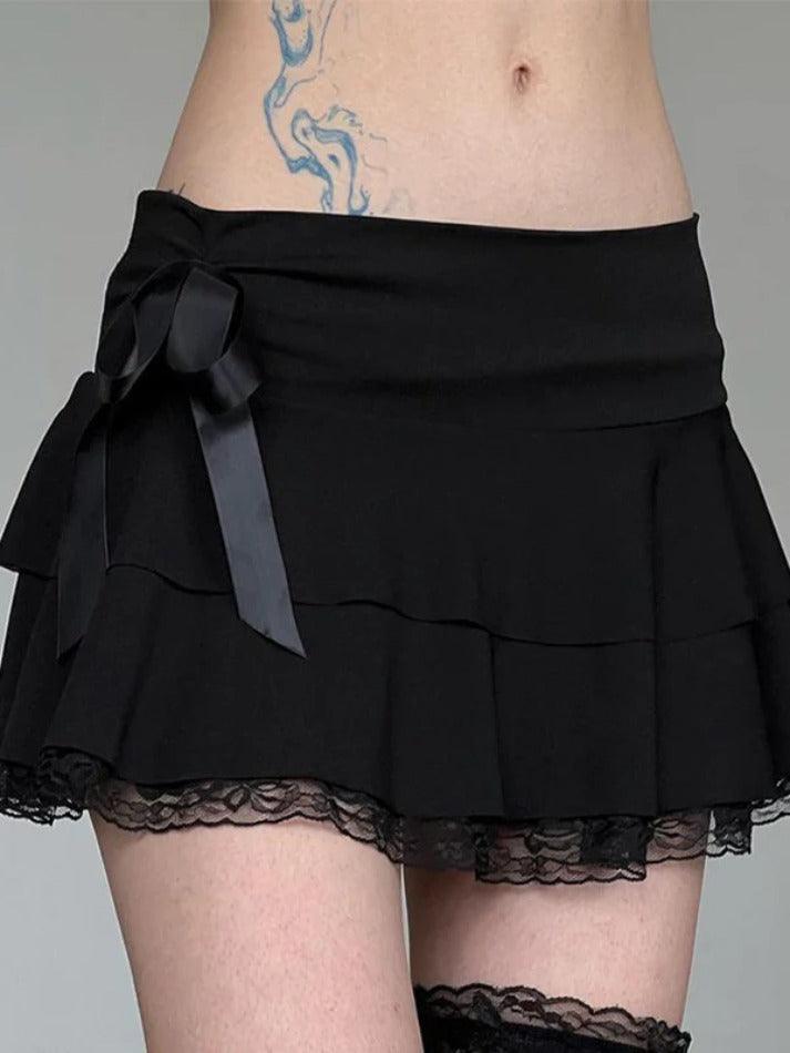 Bow Lace Splice Low Rise Tiered Mini Skirt - AnotherChill