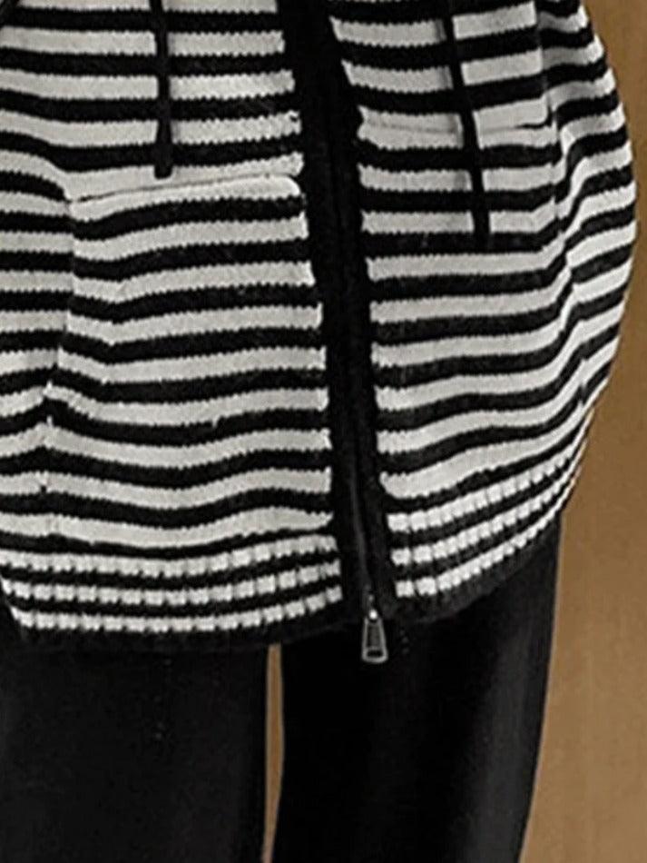 Striped Hooded Double Zip Knit Cardigan - AnotherChill