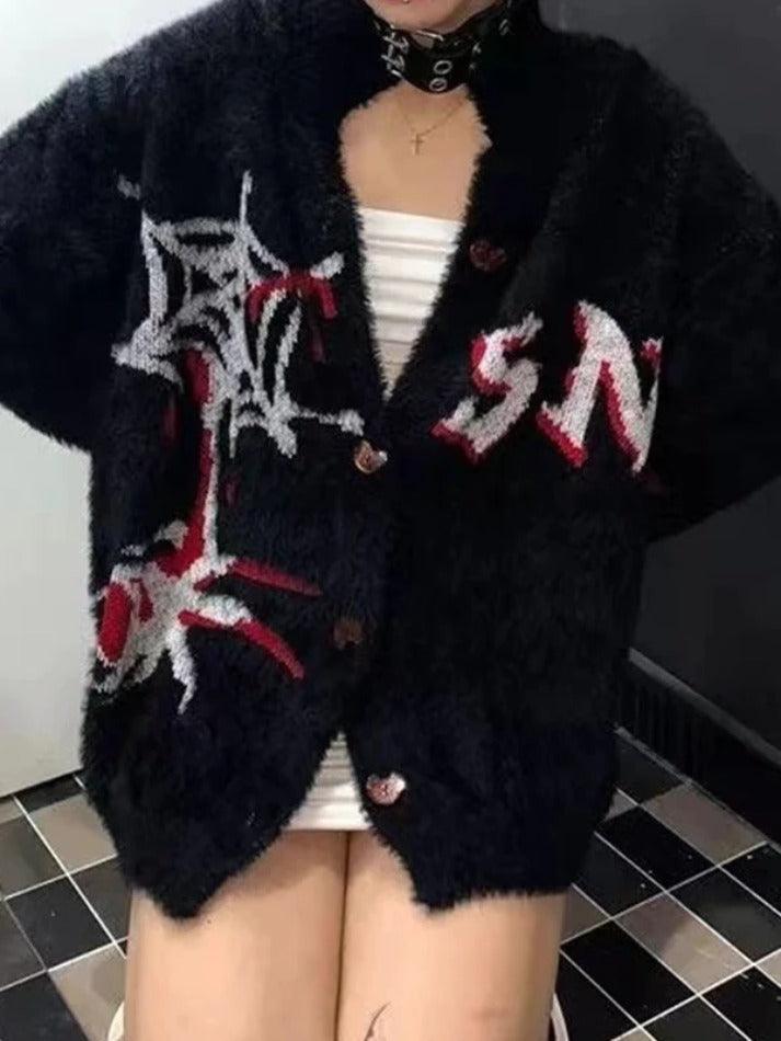 Spider Web Print Fuzzy Loose Cardigan - AnotherChill