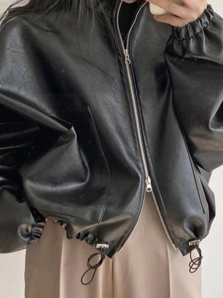 Solid Big Pocket Drawstring Collar Neck Leather Jacket - AnotherChill