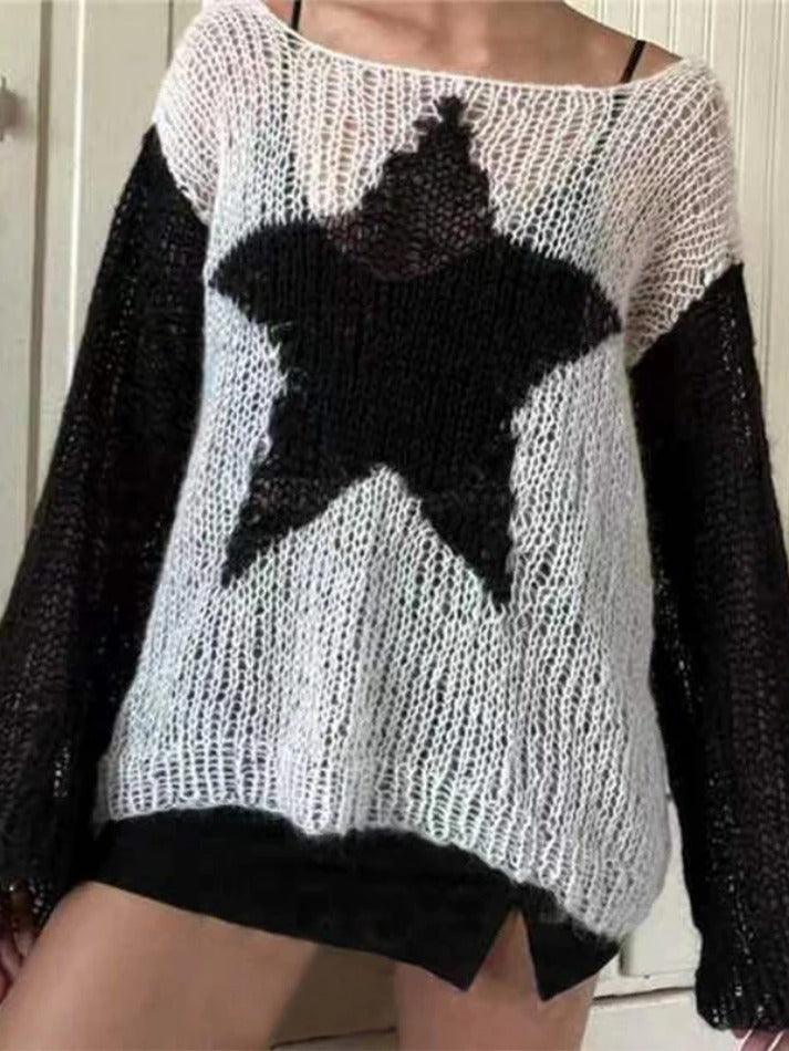 Contrast Color Star Baggy Smock Sweater - AnotherChill