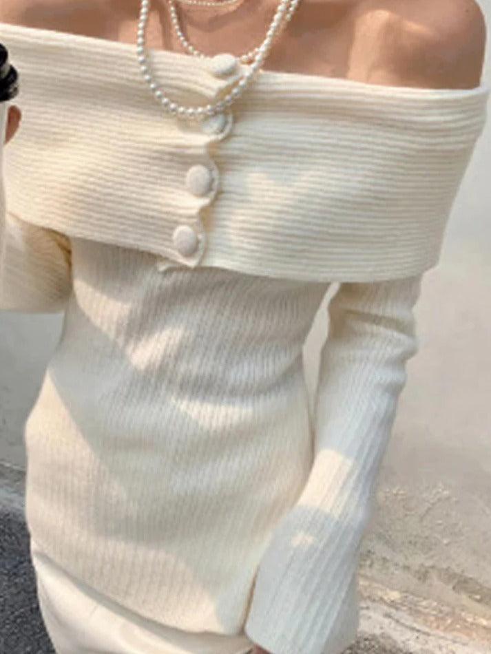 Solid Off Shoulder Slit Knit Sweater - AnotherChill