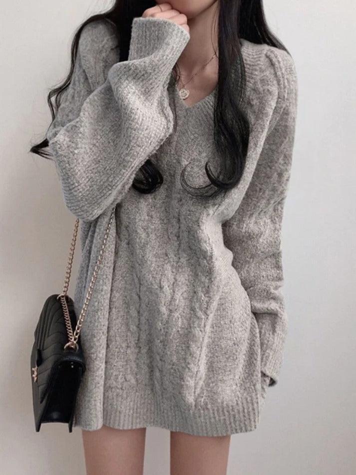 Solid Color V Neck Cable Knit Sweater - AnotherChill