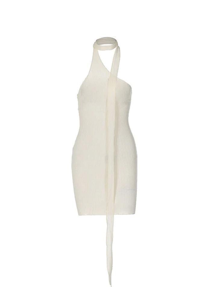 Slanted Shoulder Backless Ribbon Slim Mini Dress - AnotherChill