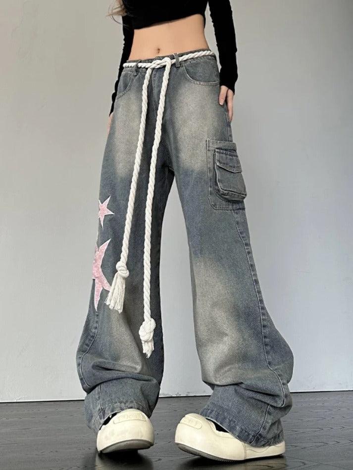 Vintage Star Patch Print Boyfriend Jeans - AnotherChill