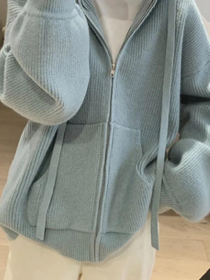 Solid Hooded Zip Up Knit Cardigan - AnotherChill