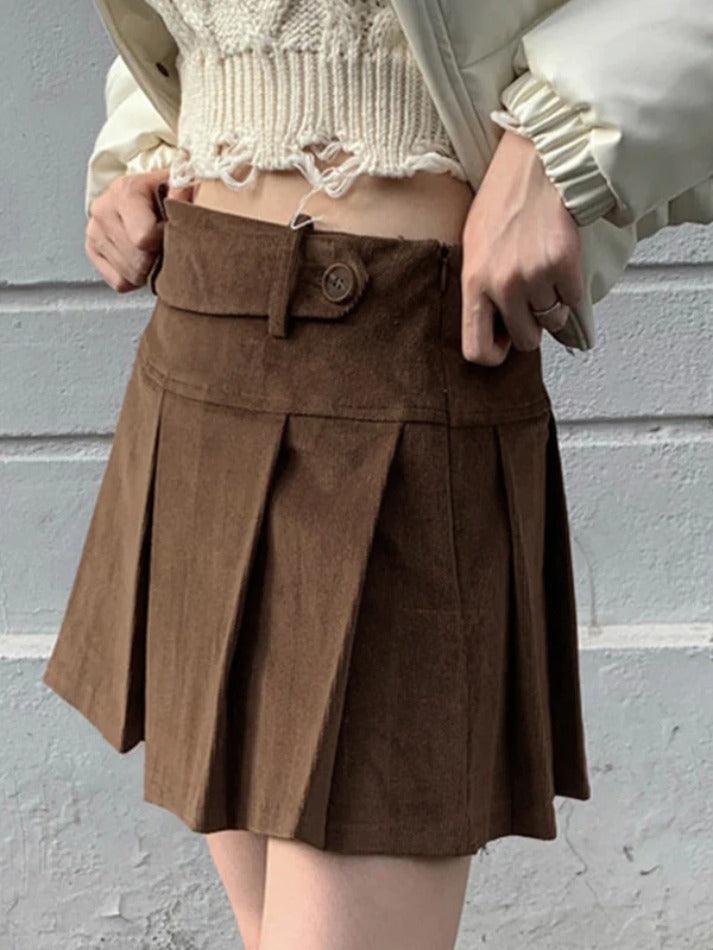 Vintage Brown Corduroy Belted Pleated Mini Skirt - AnotherChill