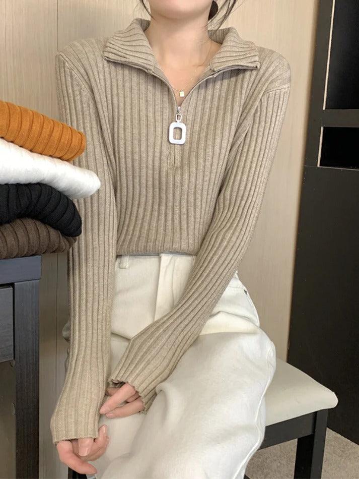 Solid Half Zip Ribbed Knit Sweater - AnotherChill