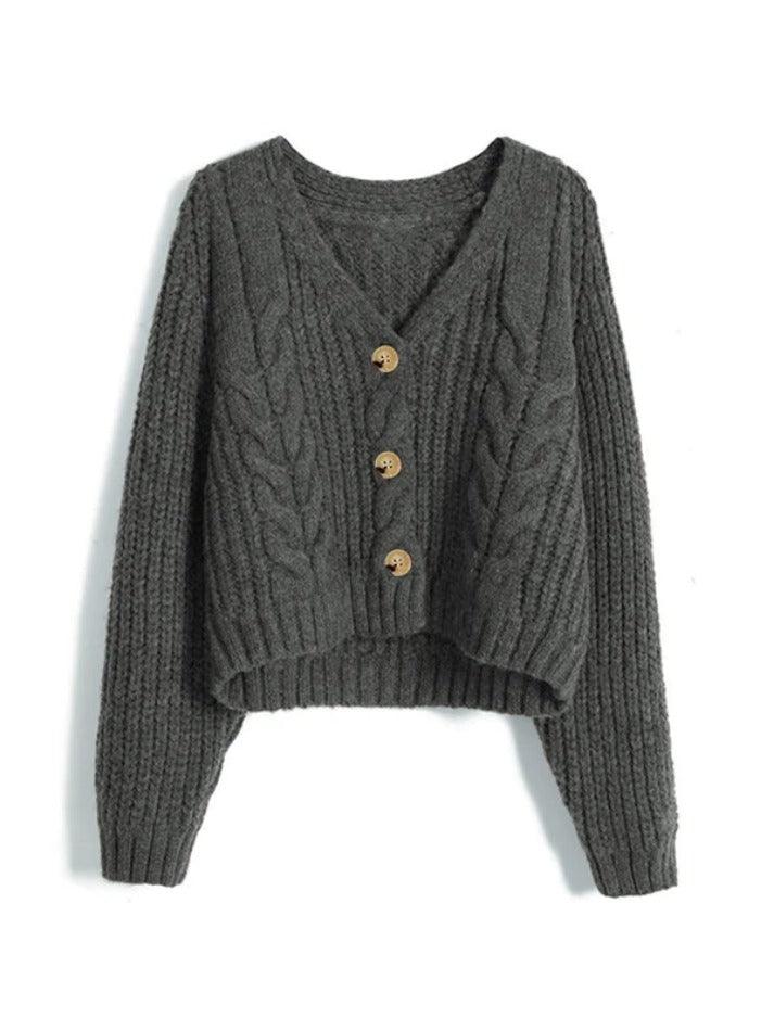 Solid V Neck Cable Knit Cardigan - AnotherChill