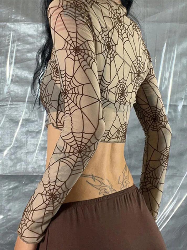 Spider Print Mesh Splice Cropped Long Sleeve Tee - AnotherChill
