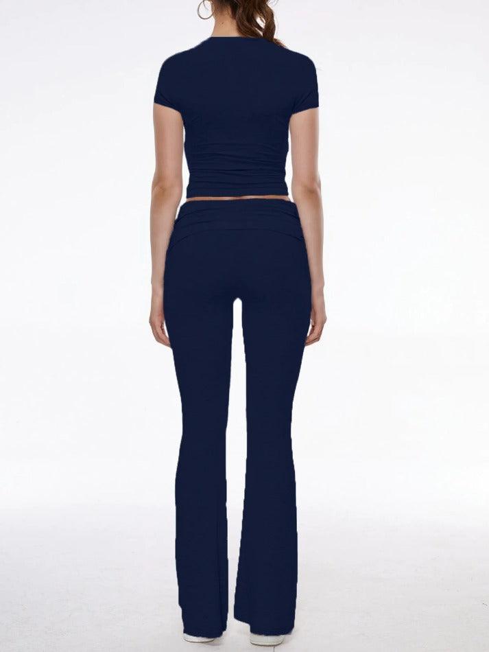 Short Sleeve Cropped Top Fold-over Flare Pants Set - AnotherChill