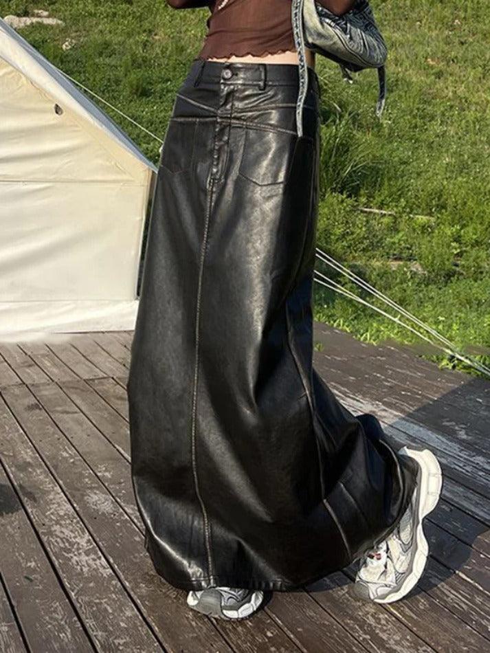 Vintage Leather Multi Pocket Maxi Skirt - AnotherChill