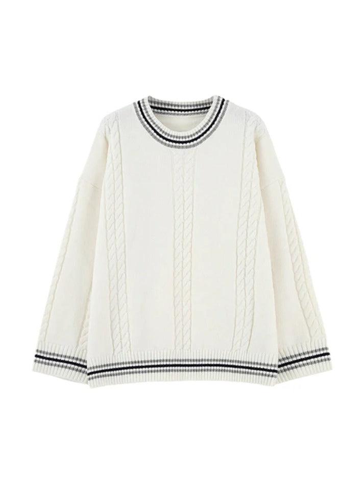 Striped Trim Cable Knit Pullover Sweater - AnotherChill