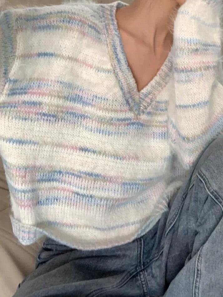 Colorful Striped V Neck Short Knit Sweater - AnotherChill