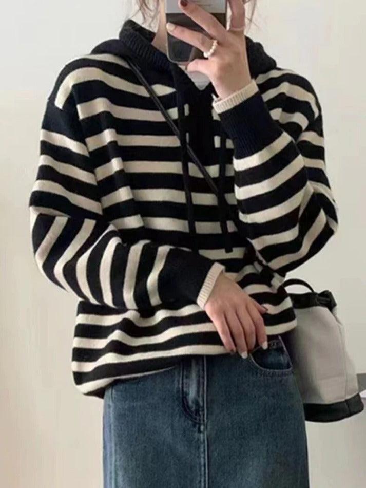 Vintage Contrast Color Striped Hooded Knit Sweater - AnotherChill