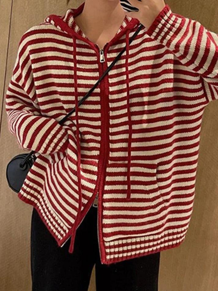 Striped Hooded Double Zip Knit Cardigan - AnotherChill