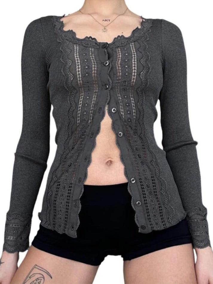 Lace Splice Breasted Slim Long Sleeve Knit - AnotherChill