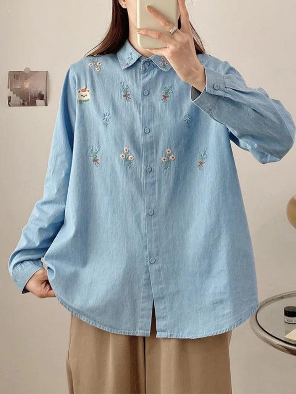 Vintage Bear Flower Embroidery Denim Blouses&Shirts - AnotherChill