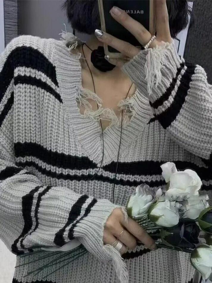 Striped V Neck Frayed Tassel Knit Sweater - AnotherChill