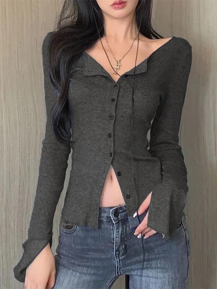 Solid Color V Neck Slit Sleeve Long Sleeve Knit - AnotherChill