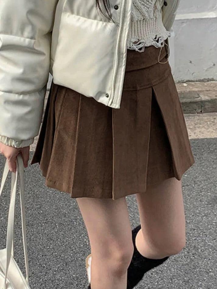 Vintage Brown Corduroy Belted Pleated Mini Skirt - AnotherChill