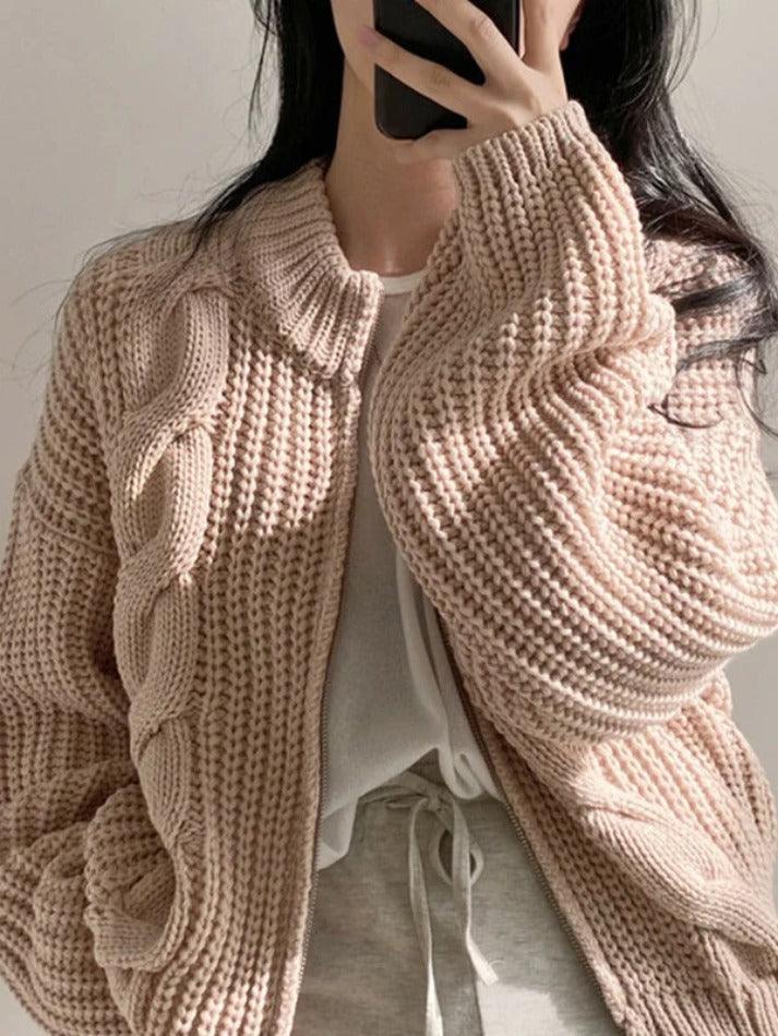 Solid Zip Up Crochet Cable Knit Cardigan - AnotherChill