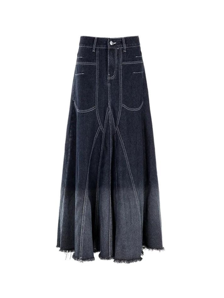 Vintage Ombre Splice Raw Hem Mermaid Denim Maxi Skirt - AnotherChill