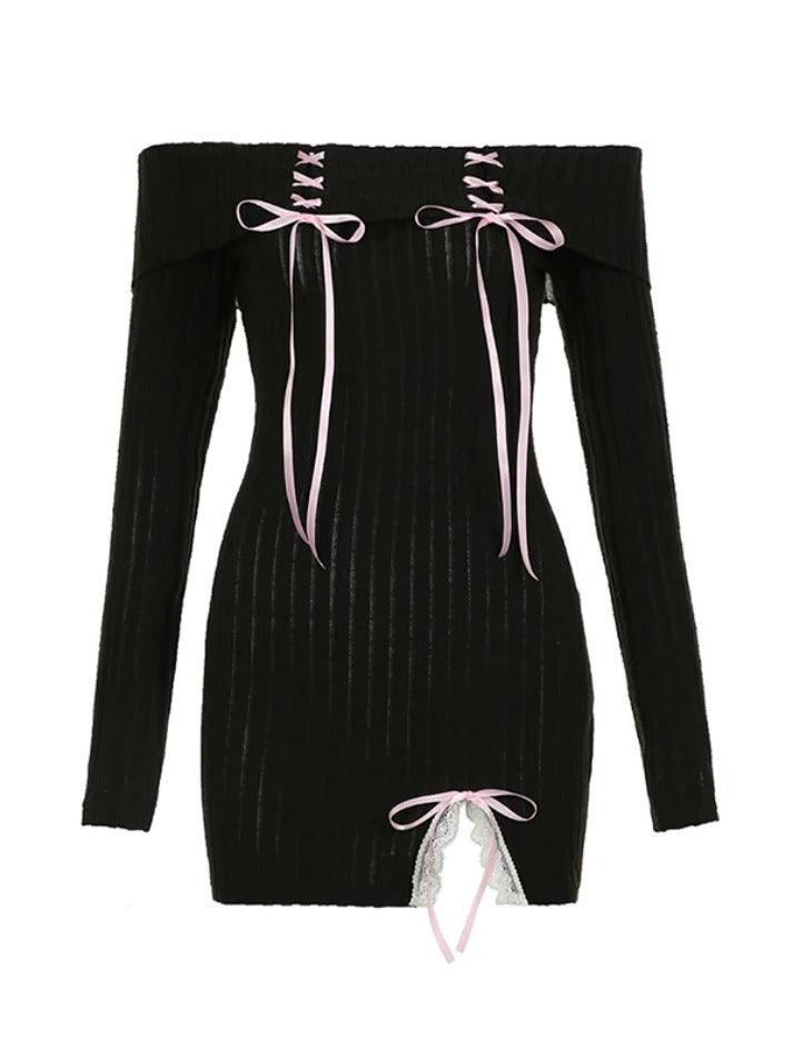 Contrast Tie Up Bow Off Shoulder Slit Knit Mini Dress - AnotherChill