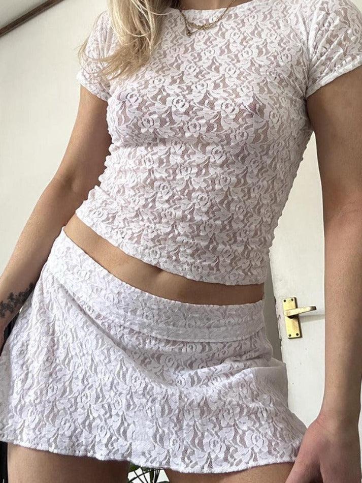 All Over Lace Print Short Sleeve Tee & Mini Skirt Set - AnotherChill