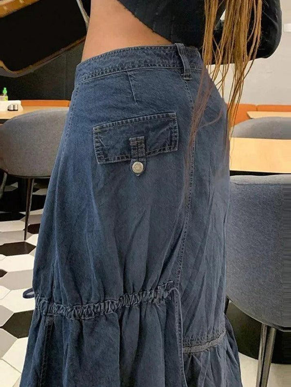 Lace Up Vintage Denim Long Skirt - AnotherChill