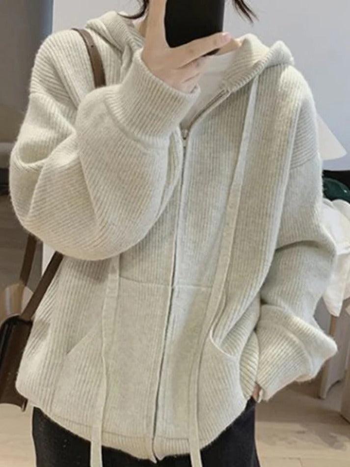 Solid Hooded Zip Up Knit Cardigan - AnotherChill