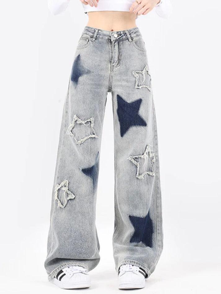 Star Embroidery Raw Trim Boyfriend Jeans - AnotherChill