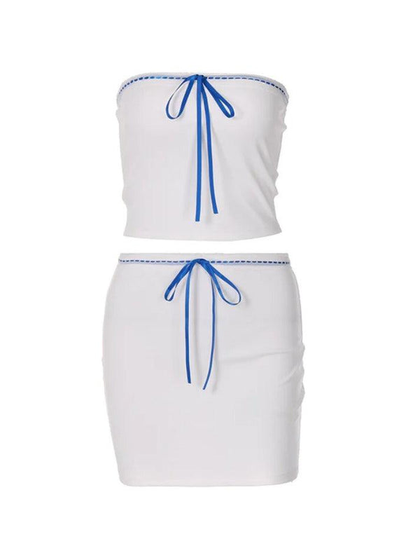 Ribbon Tie Up Cropped Bandeau Top & Mini Skirt Set - AnotherChill