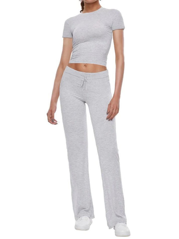 Short Sleeve Cropped Top Straight Leg Pants Set - AnotherChill