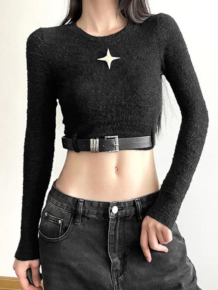 Metal Star Decor Belted Hem Cropped Long Sleeve Knit - AnotherChill